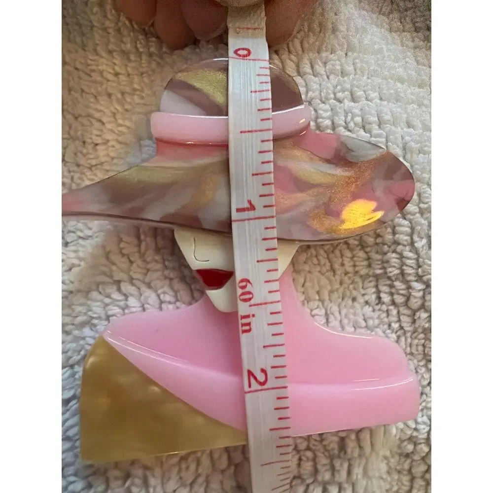 Vintage Pink Lucite Lady Brooch Wide Brim Hat Figural Pin Art Deco Style 2.5